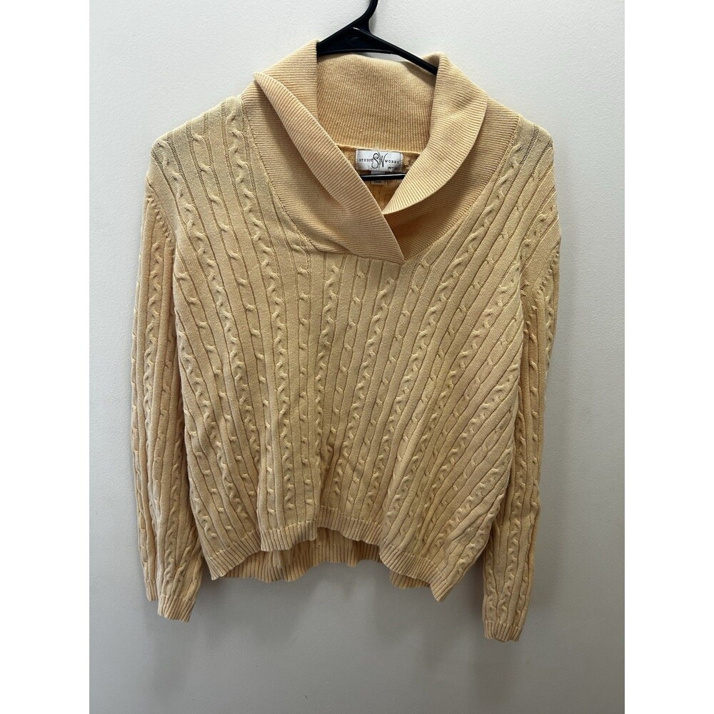 STUDIO WORKS WOMEN'S YELLOW CABLE-KNIT LONG SLEEVE PULLOVER SWEATER - SIZE PXL
